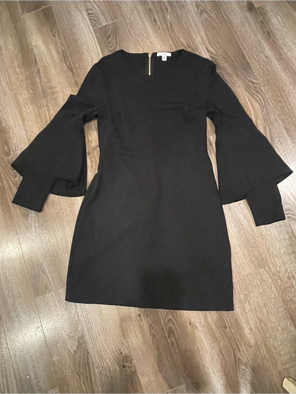 Halston M Black Ponte Dress Layered Bell Sleeves Back Zip